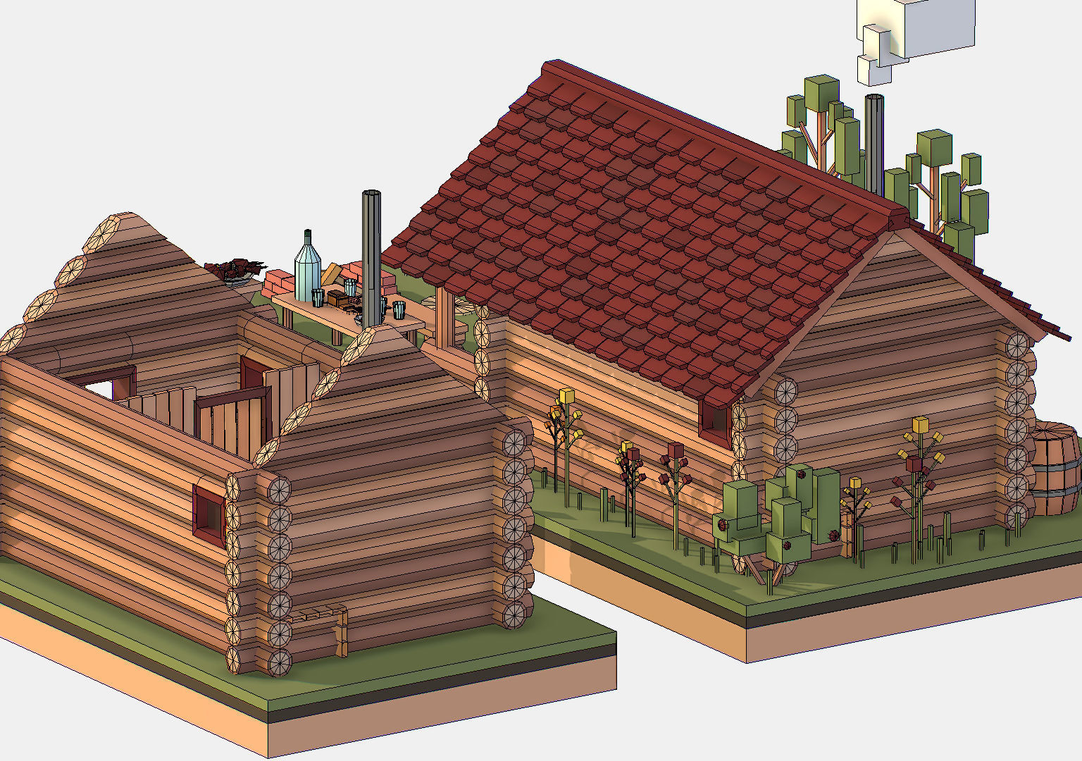 Isometric Russian Village Bathhouse Bath Accessories Low-poly 3D model_41