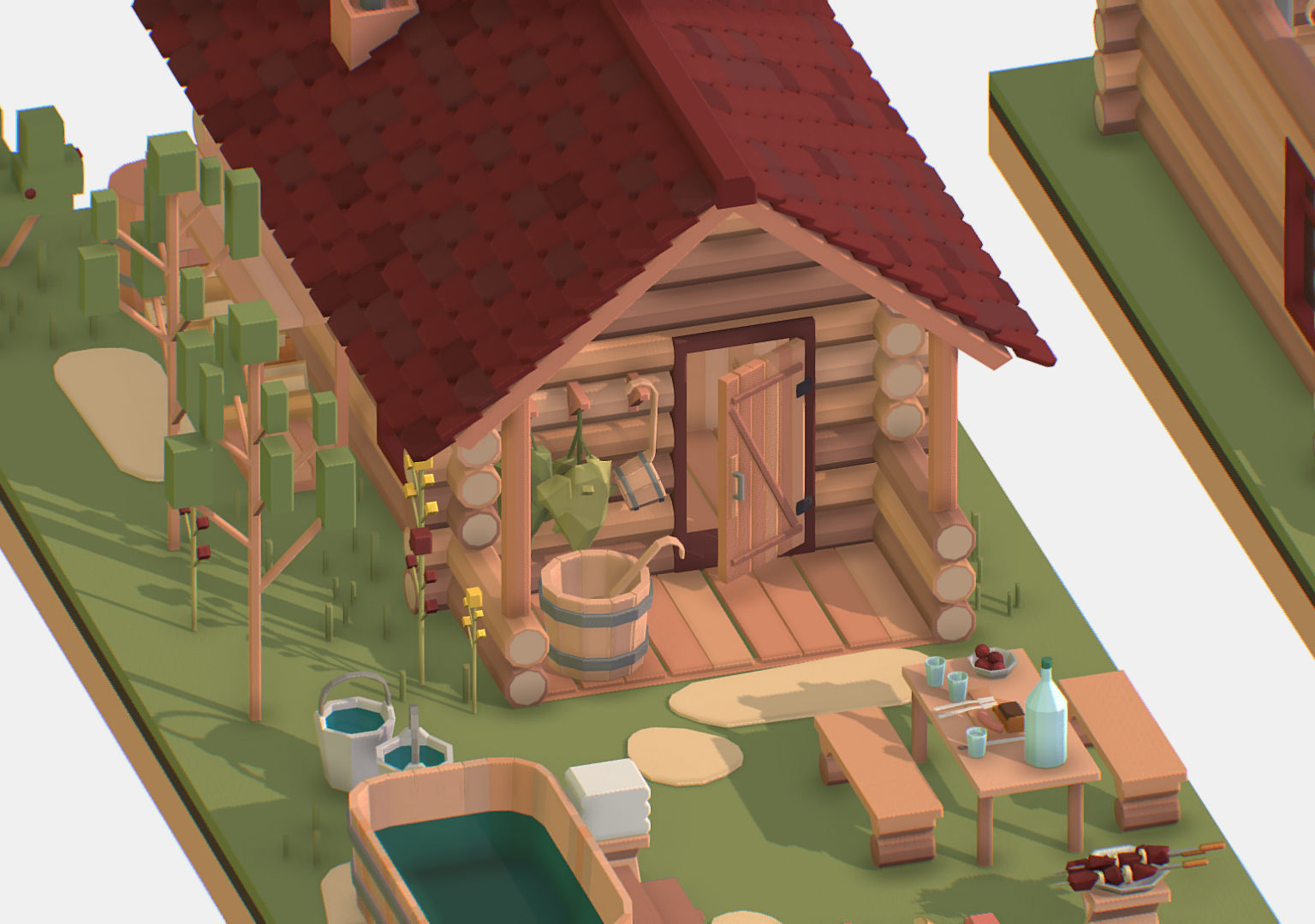 Isometric Russian Village Bathhouse Bath Accessories Low-poly 3D model_25