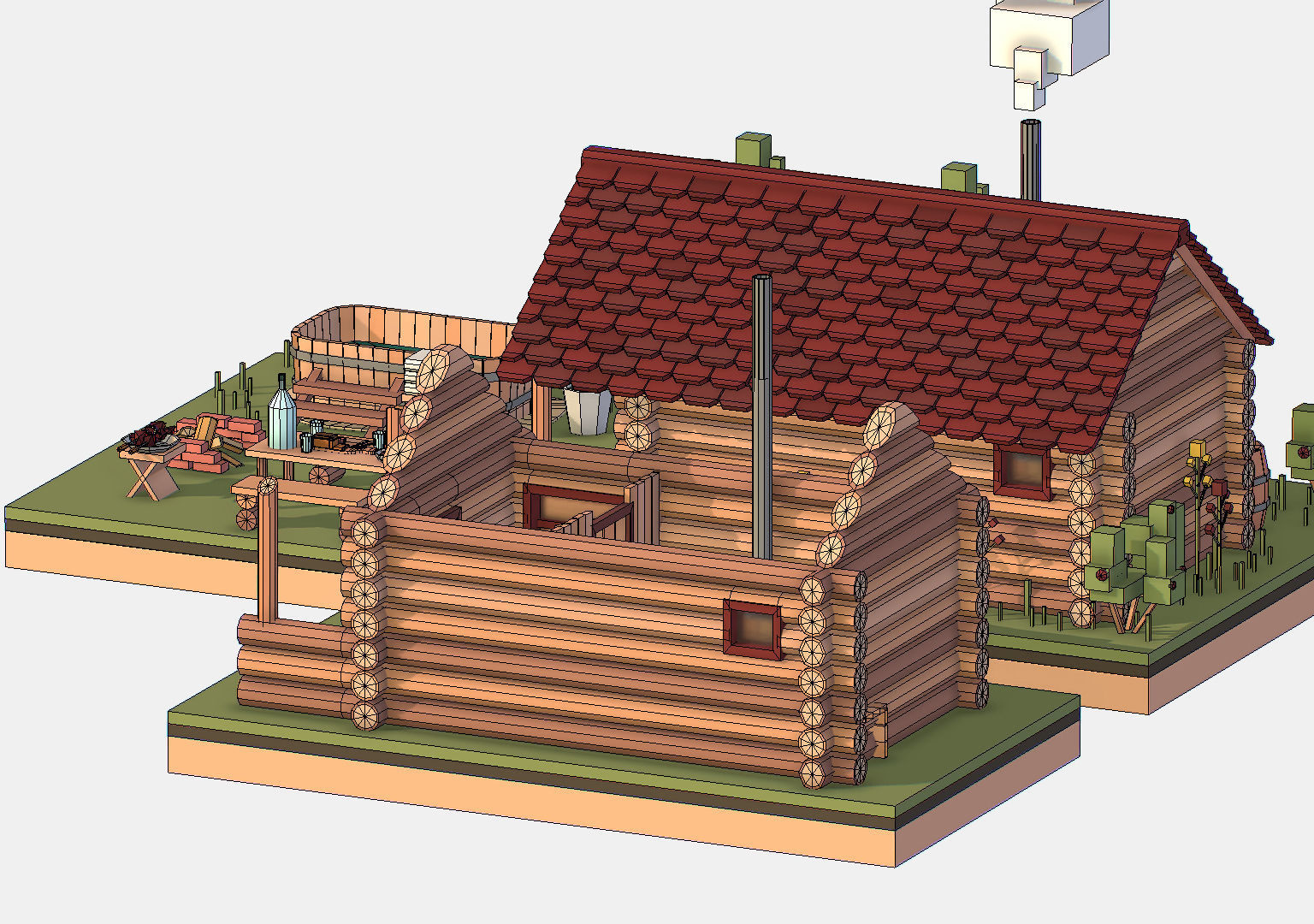 Isometric Russian Village Bathhouse Bath Accessories Low-poly 3D model_29