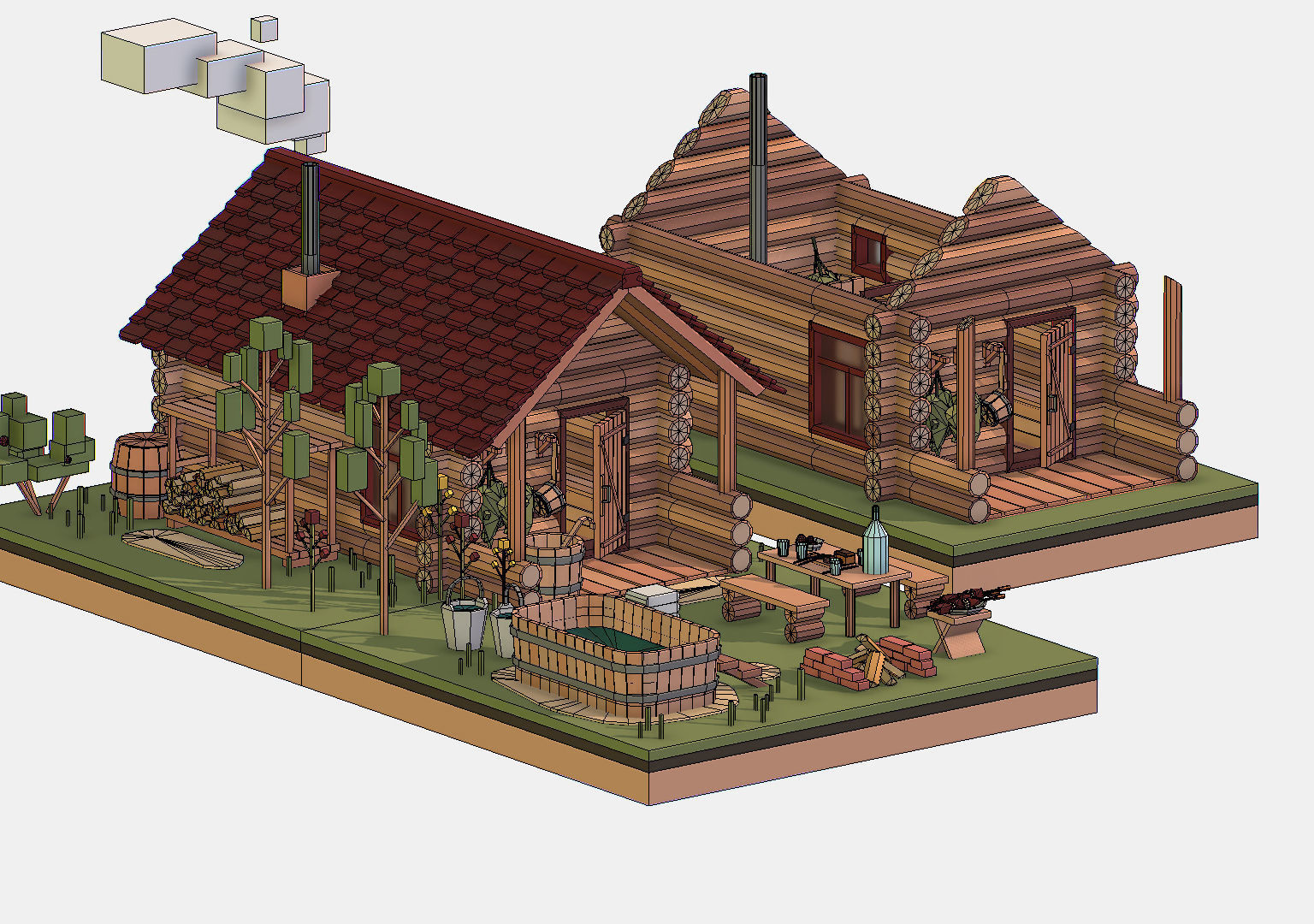 Isometric Russian Village Bathhouse Bath Accessories Low-poly 3D model_33