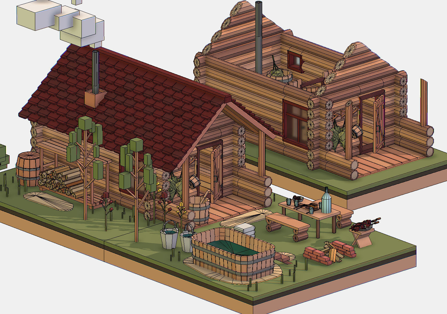 Isometric Russian Village Bathhouse Bath Accessories Low-poly 3D model_43