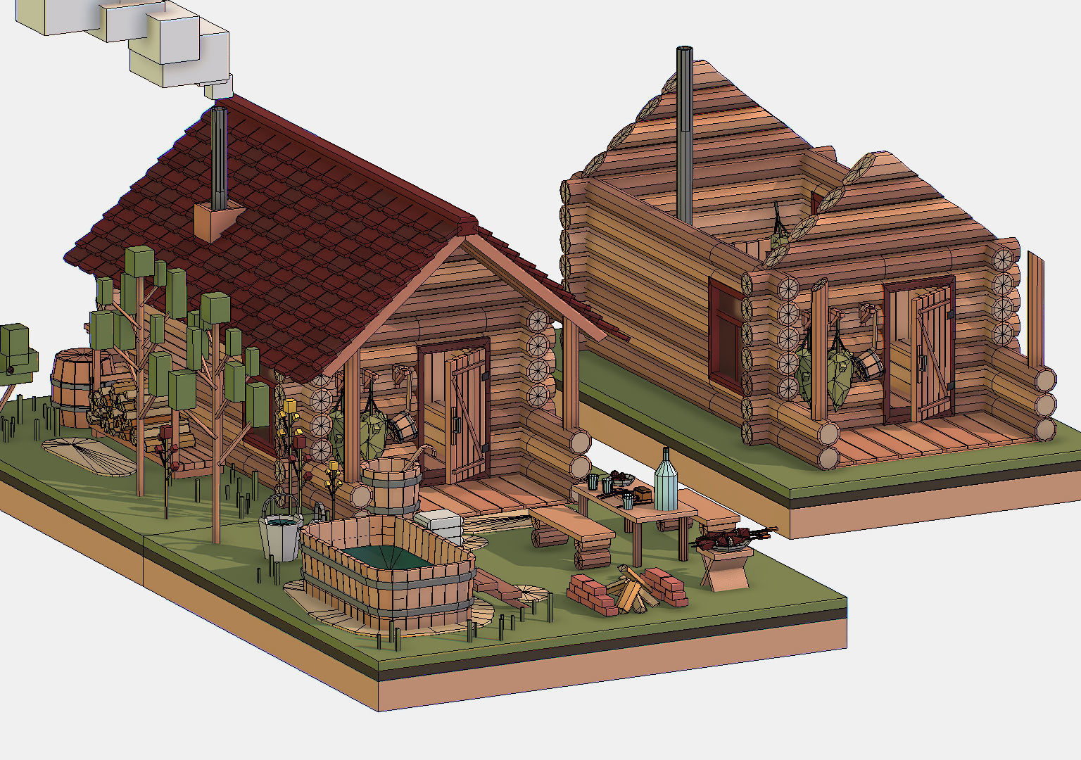 Isometric Russian Village Bathhouse Bath Accessories Low-poly 3D model_27
