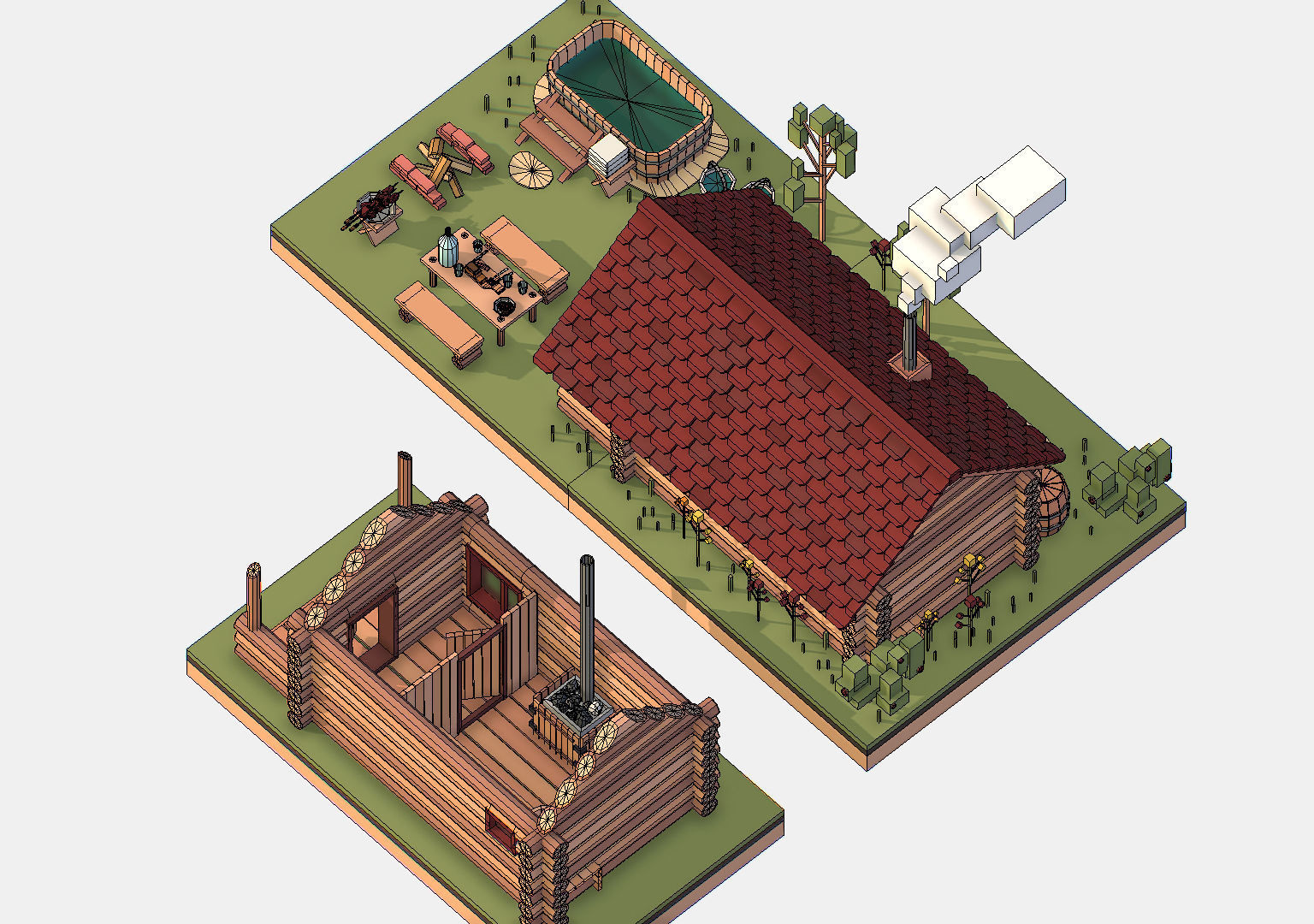 Isometric Russian Village Bathhouse Bath Accessories Low-poly 3D model_31