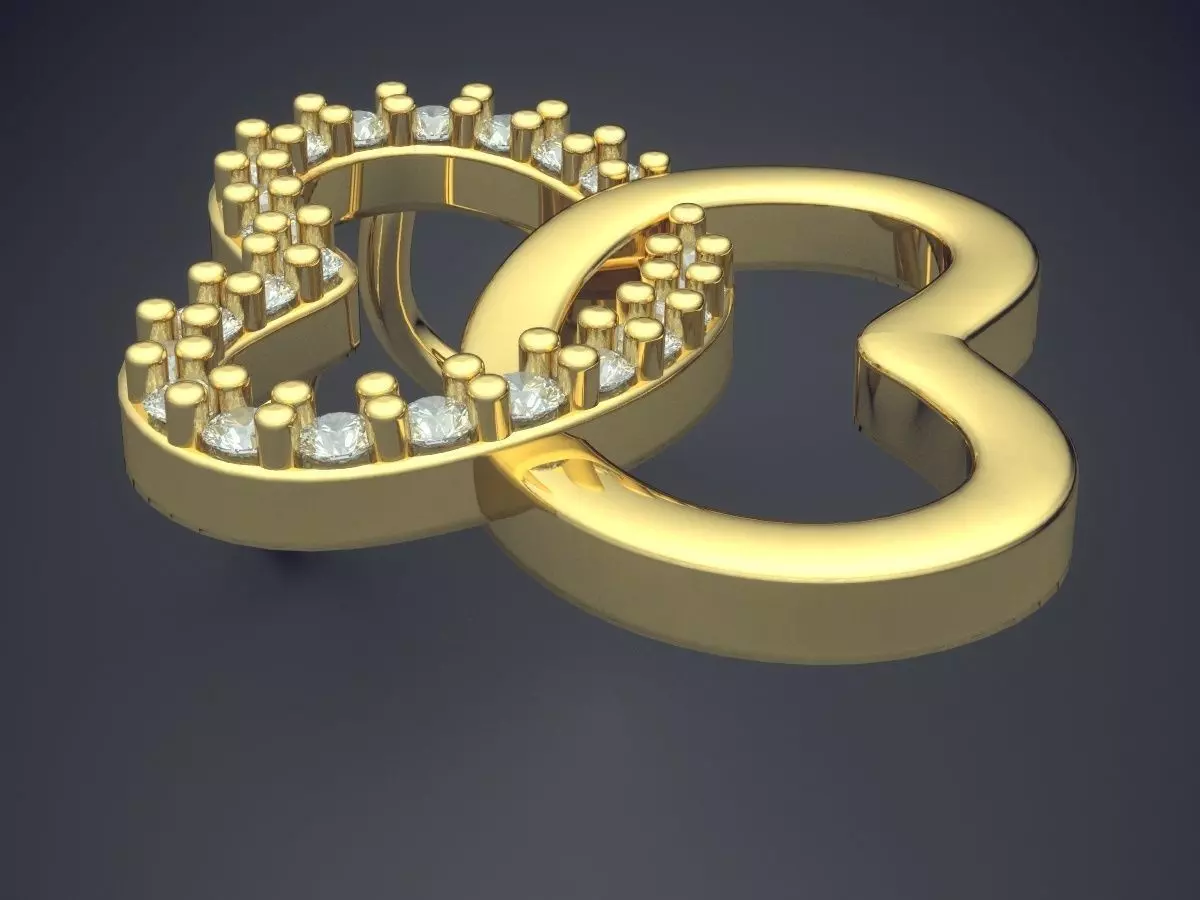 Pendant gold heart shaped brooch with diamonds 3D print model_0