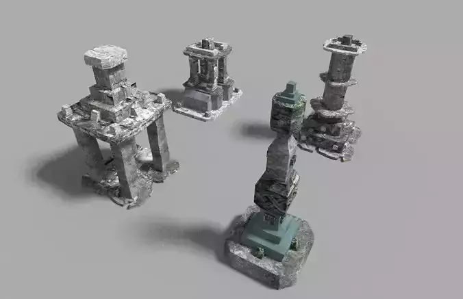 4 low poly temple pillars collection