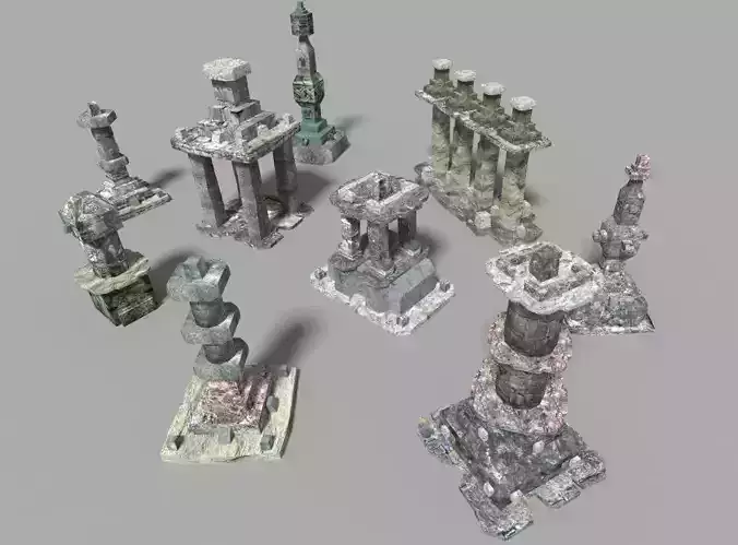 9 low poly temple pillars collection