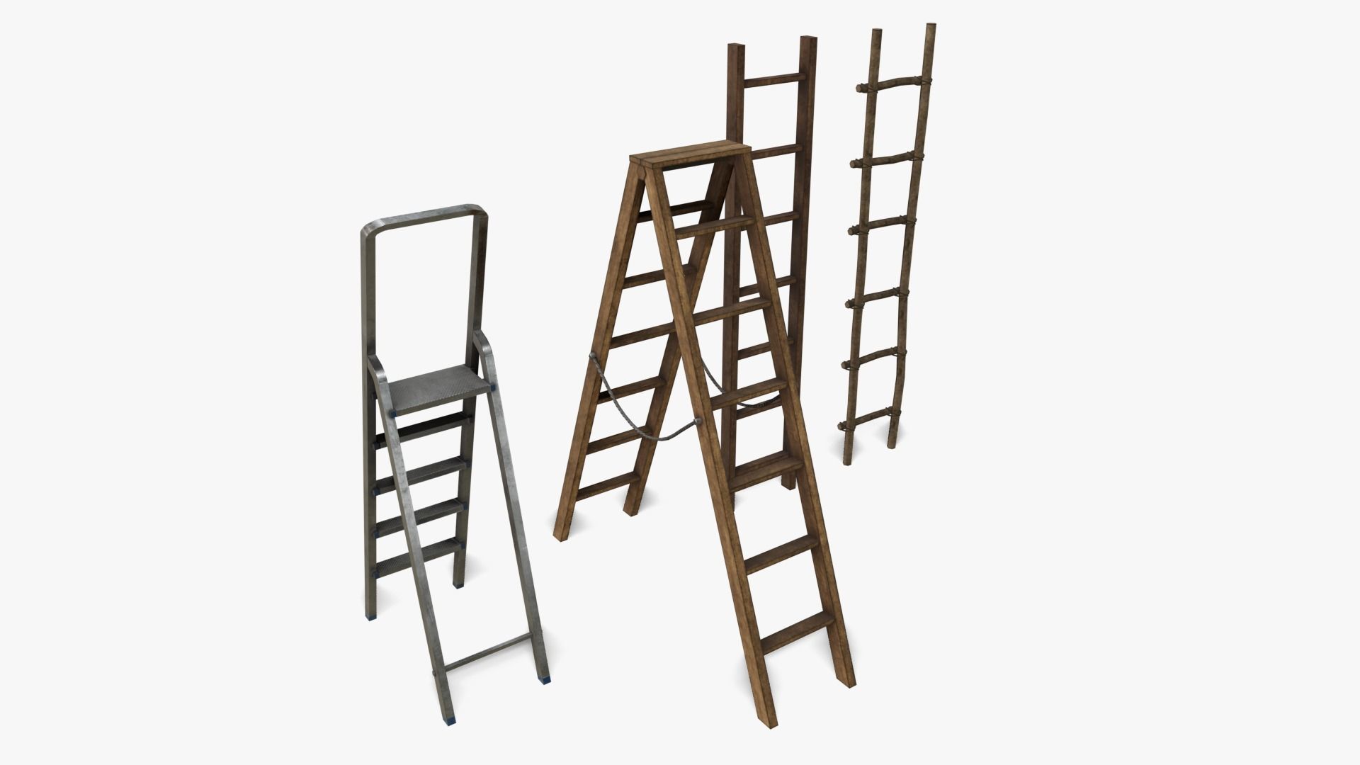 Ladder Collection four wooden ladders Low-poly 3D model_3