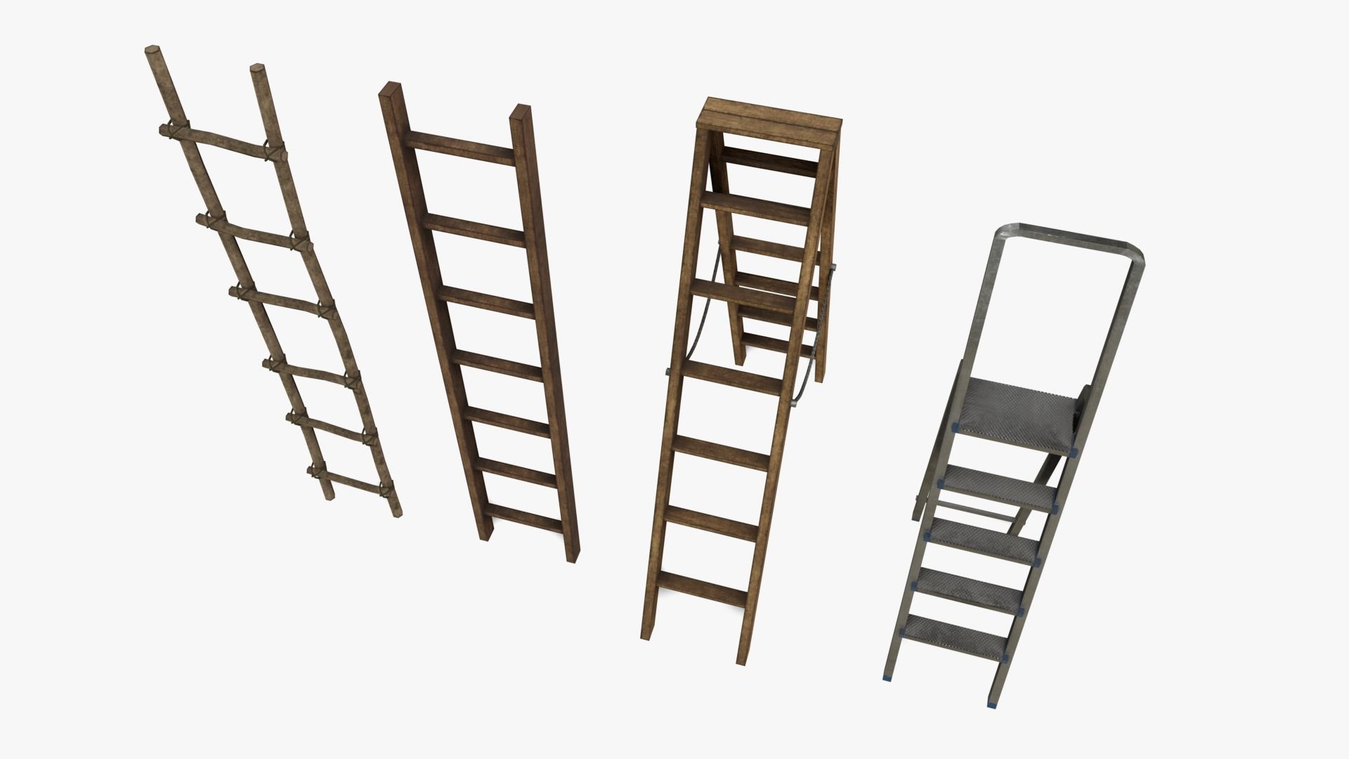Ladder Collection four wooden ladders Low-poly 3D model_4