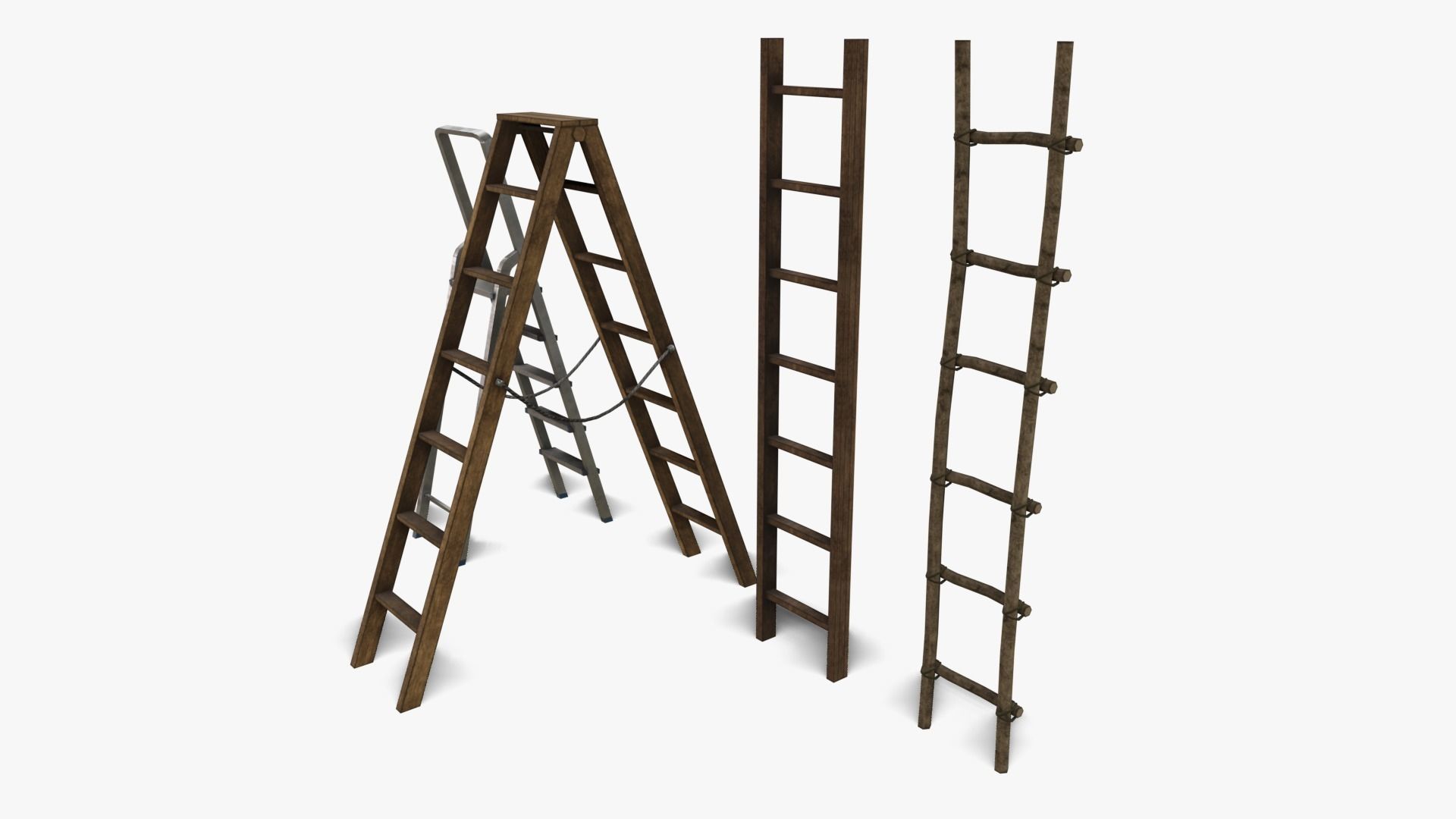 Ladder Collection four wooden ladders Low-poly 3D model_2