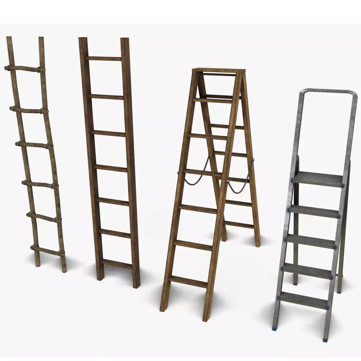 Ladder Collection four wooden ladders Low-poly 3D model_0