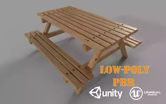 Wooden Picnic Table Low-Poly PBR Game Ready 3D Model Low-poly 3D model