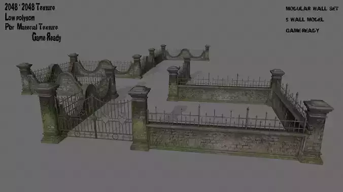 wall set 6 stone with iron railings