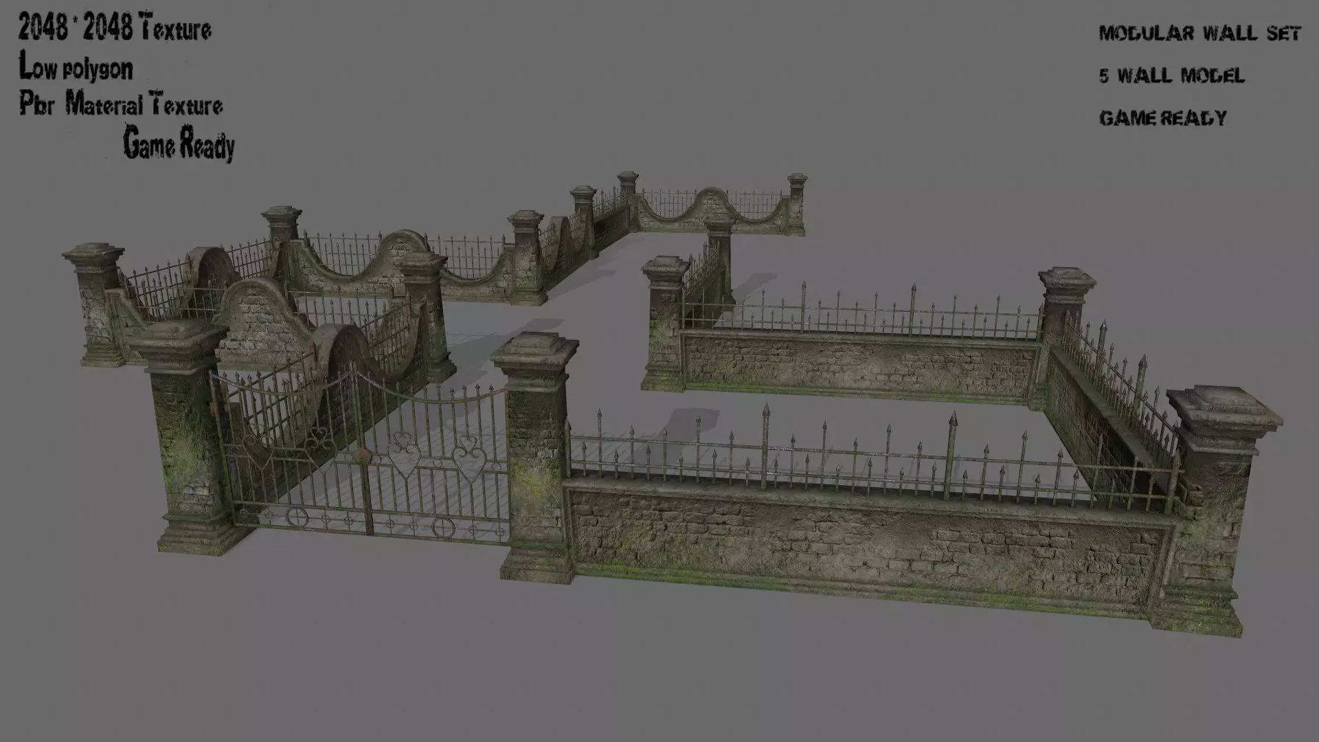 wall set 6 stone with iron railings Low-poly 3D model_0
