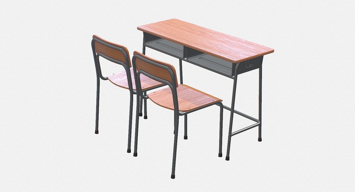 School Desk and Chair 2 Places Low-poly 3D model_10