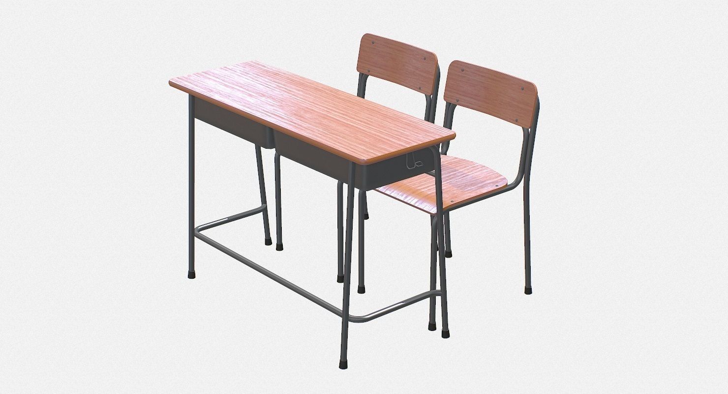 School Desk and Chair 2 Places Low-poly 3D model_7
