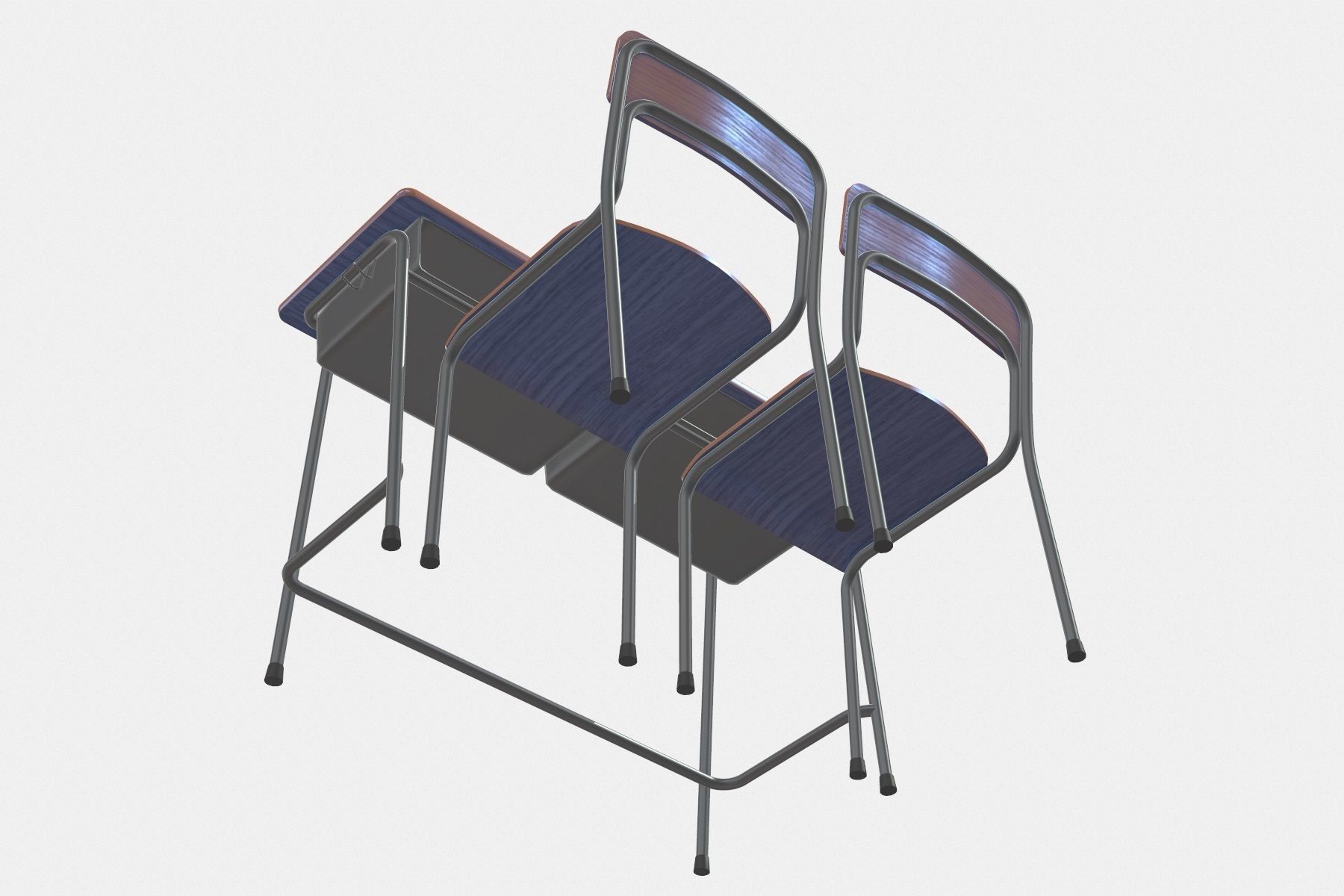 School Desk and Chair 2 Places Low-poly 3D model_2