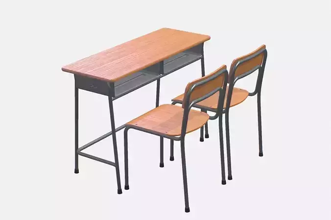 School Desk and Chair 2 Places Low-poly 3D model