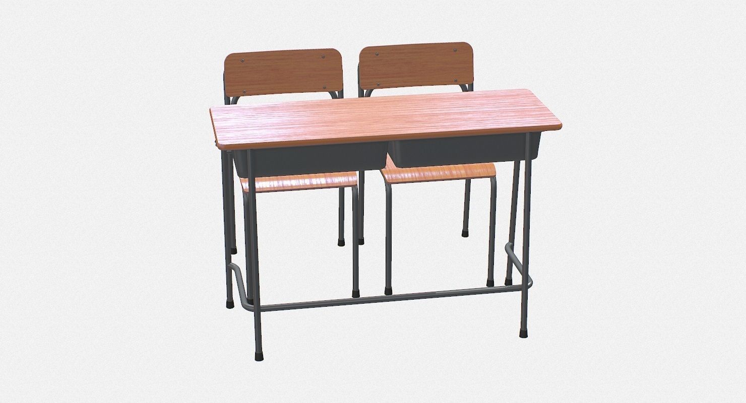School Desk and Chair 2 Places Low-poly 3D model_8