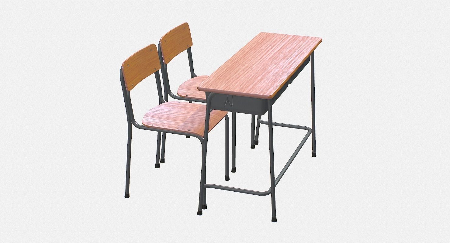 School Desk and Chair 2 Places Low-poly 3D model_9