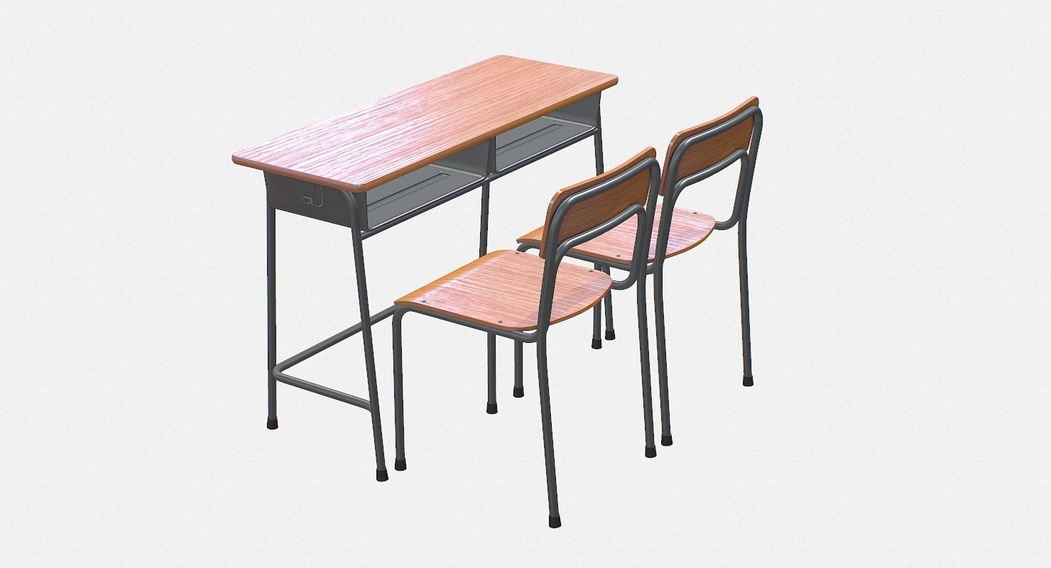 School Desk and Chair 2 Places Low-poly 3D model_12