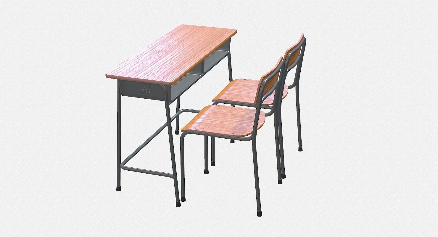 School Desk and Chair 2 Places Low-poly 3D model_6