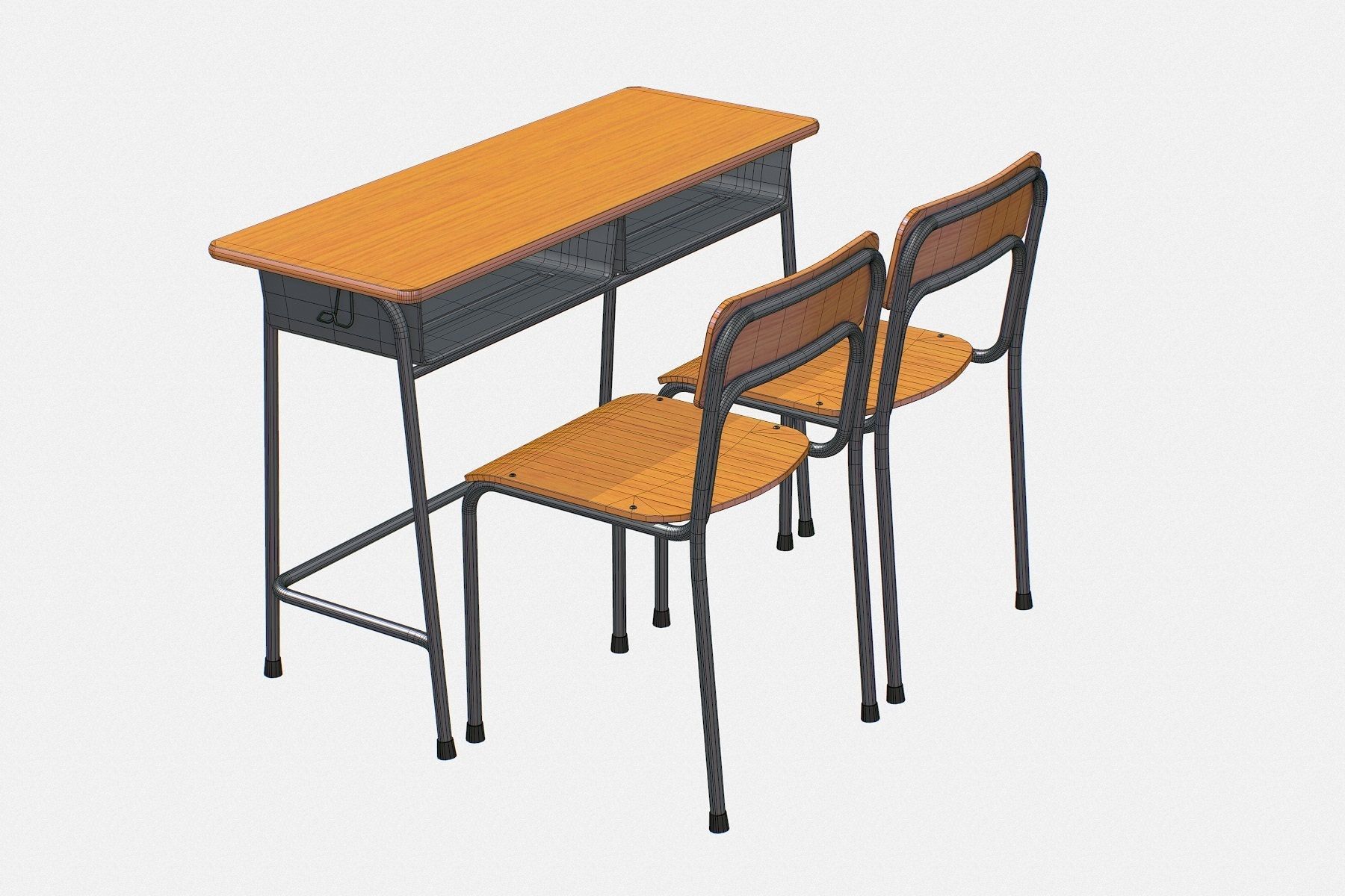 School Desk and Chair 2 Places Low-poly 3D model_14