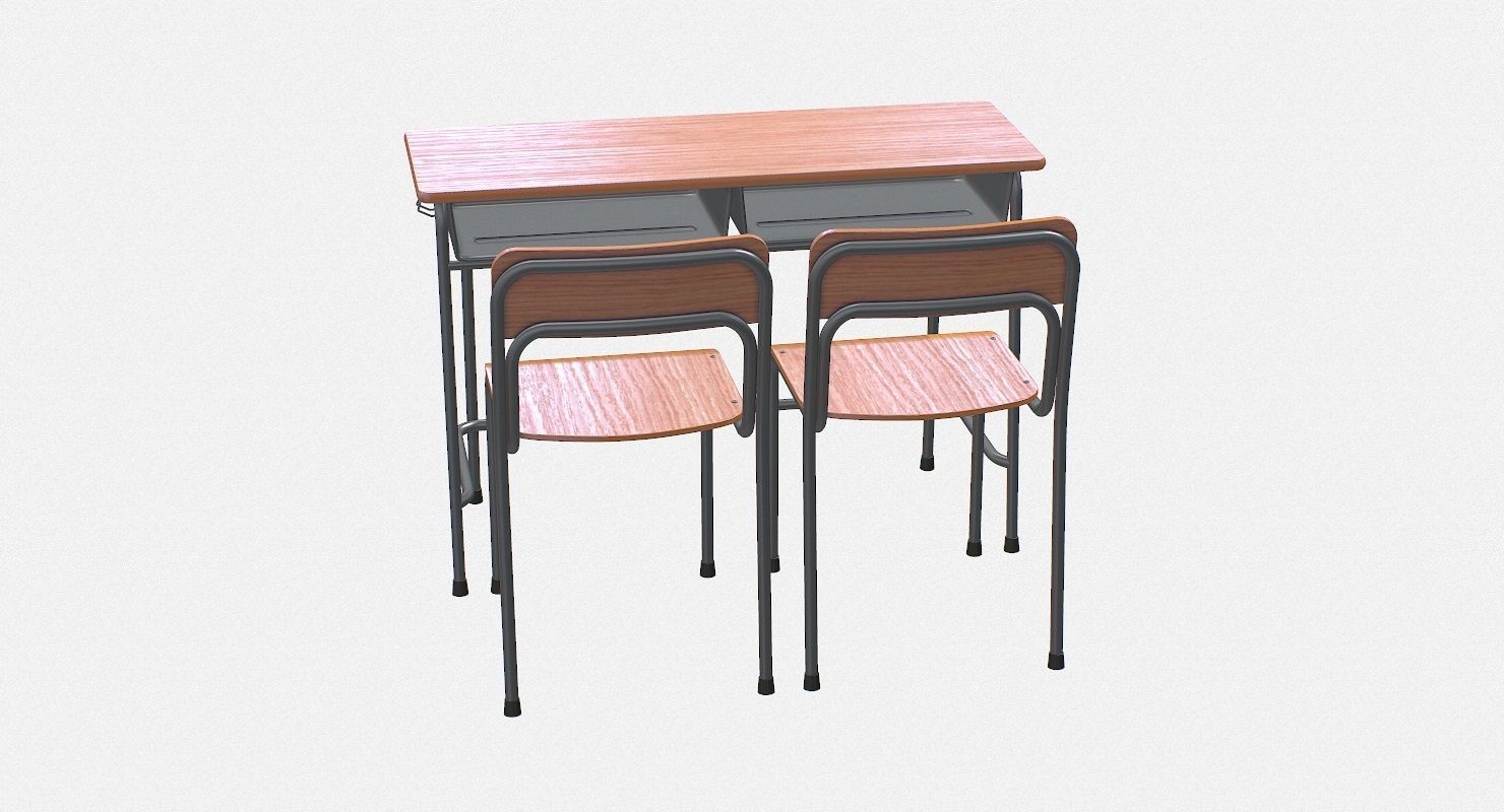 School Desk and Chair 2 Places Low-poly 3D model_11