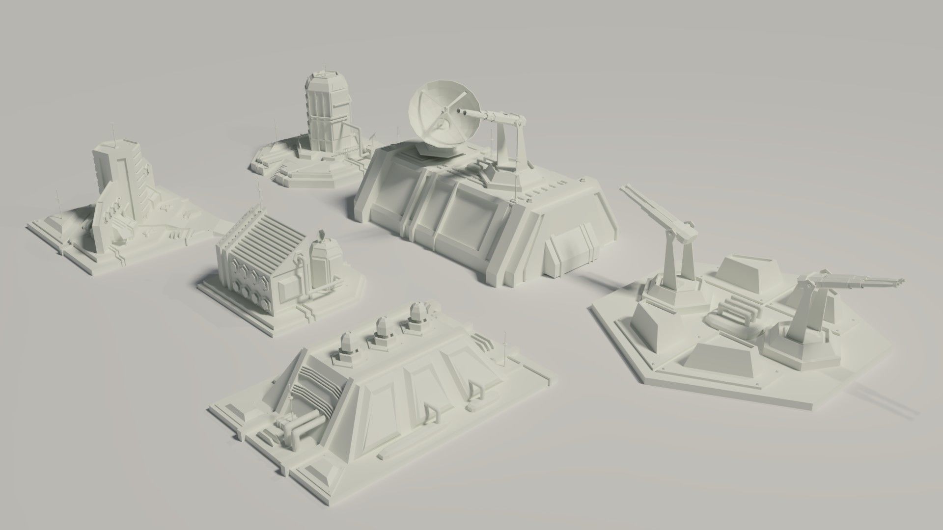 Futuristic Buildings Set Low-poly 3D model_1