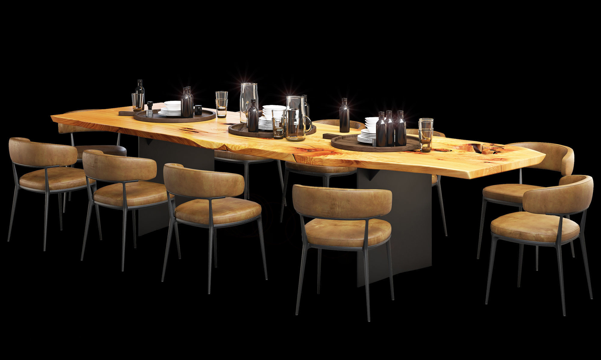 Urban hardwoods dining slab table with tableware 3D model_4