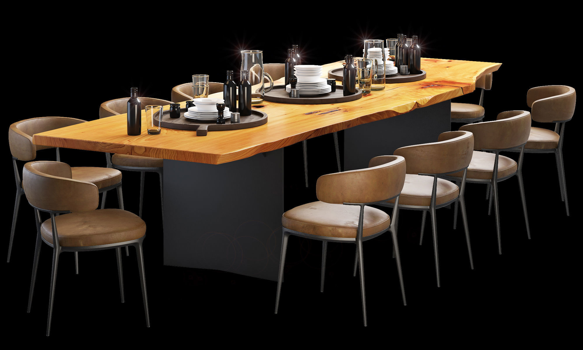 Urban hardwoods dining slab table with tableware 3D model_3