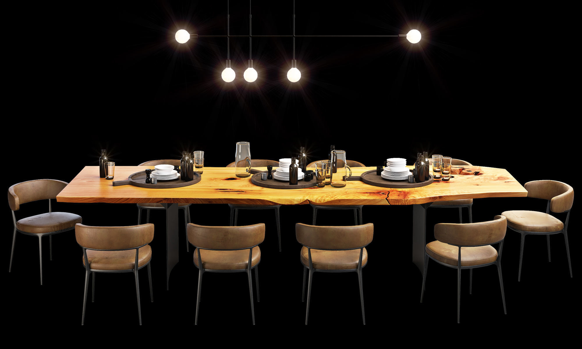 Urban hardwoods dining slab table with tableware 3D model_1