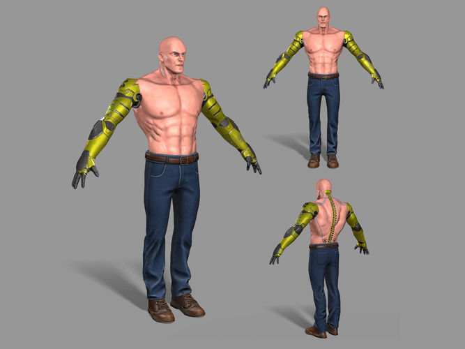 Cyborg man with no shirt and gloves Low-poly 3D model