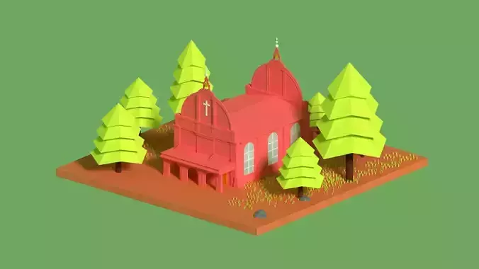 Simple Red Chruch with trees