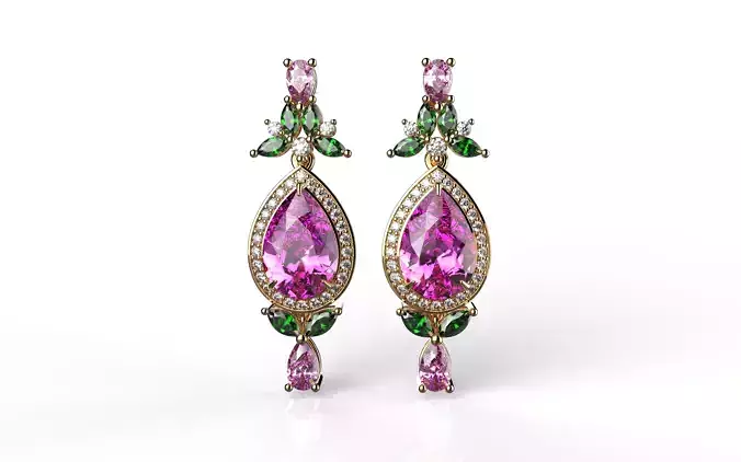 Pink sapphire and diamond halo earrings 3D print model