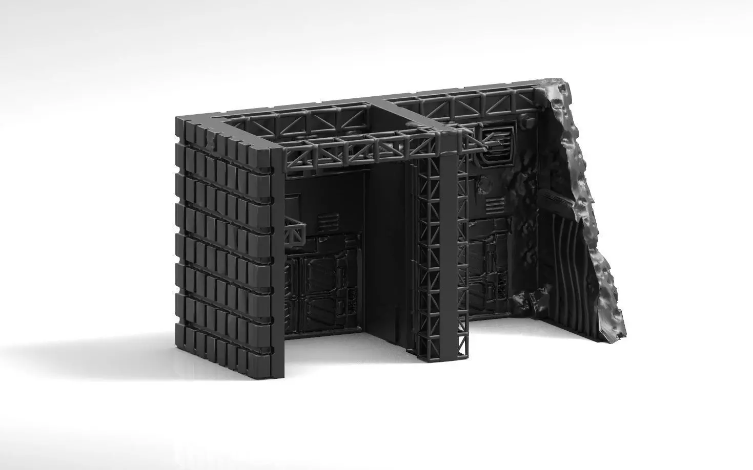 Vehicle or Mech Hangar with battle damage terrain Free 3D print model