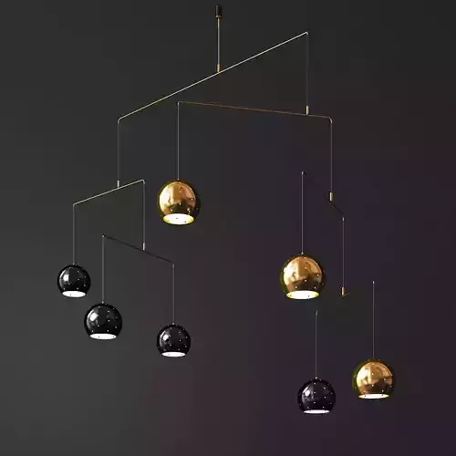 Mobile Brass and Black Spheres Chandelier