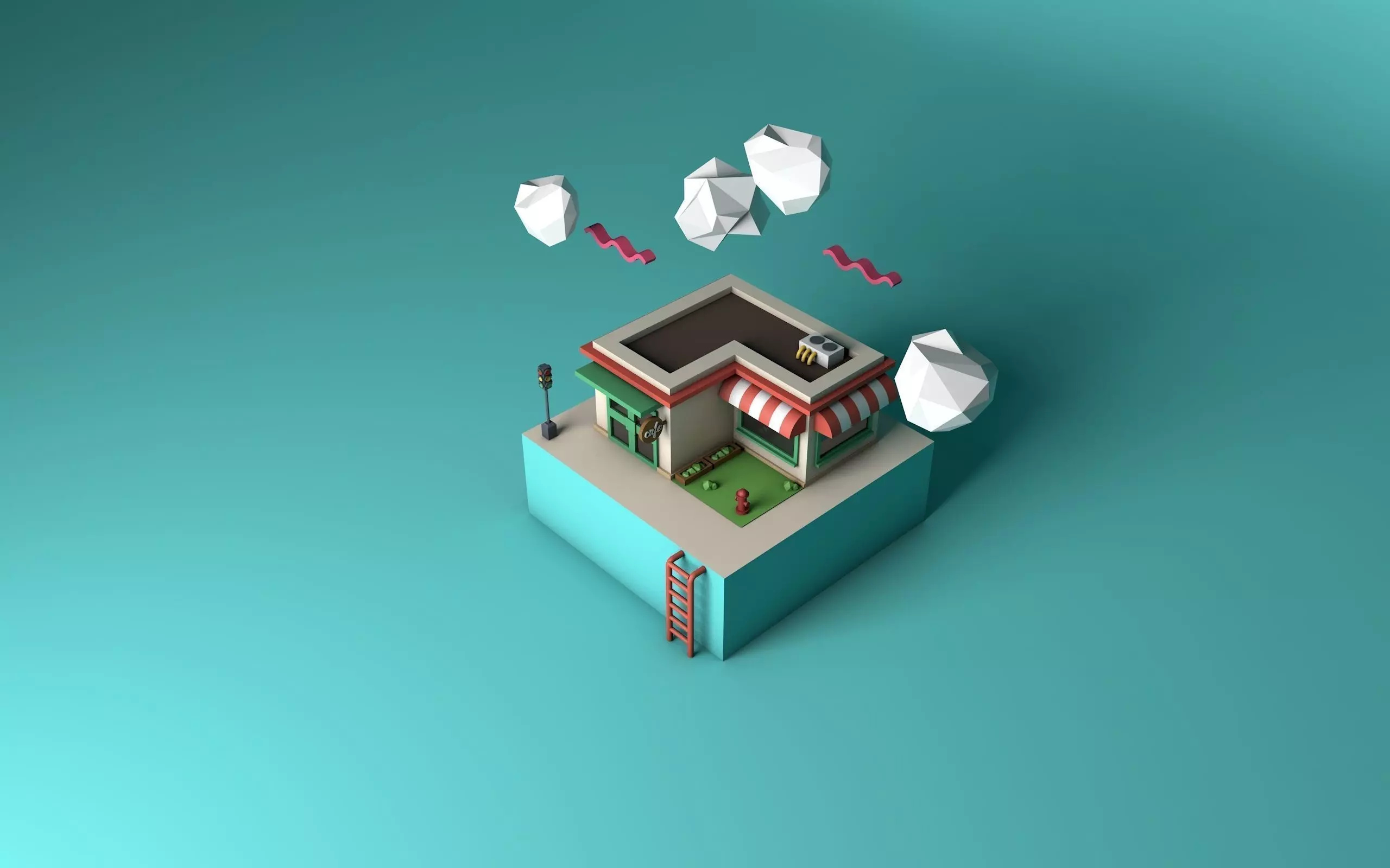 CAFE LOW POLY building with clouds 3D model_0