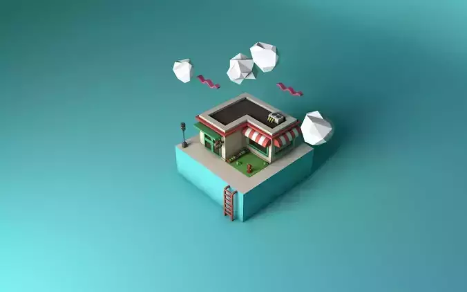 CAFE LOW POLY building with clouds