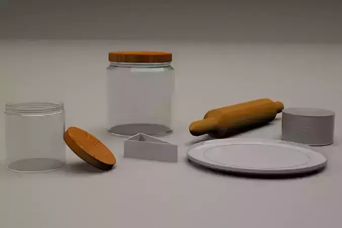  kitchen utensils plate metallic can jars plate rolling pin bowl 3D model