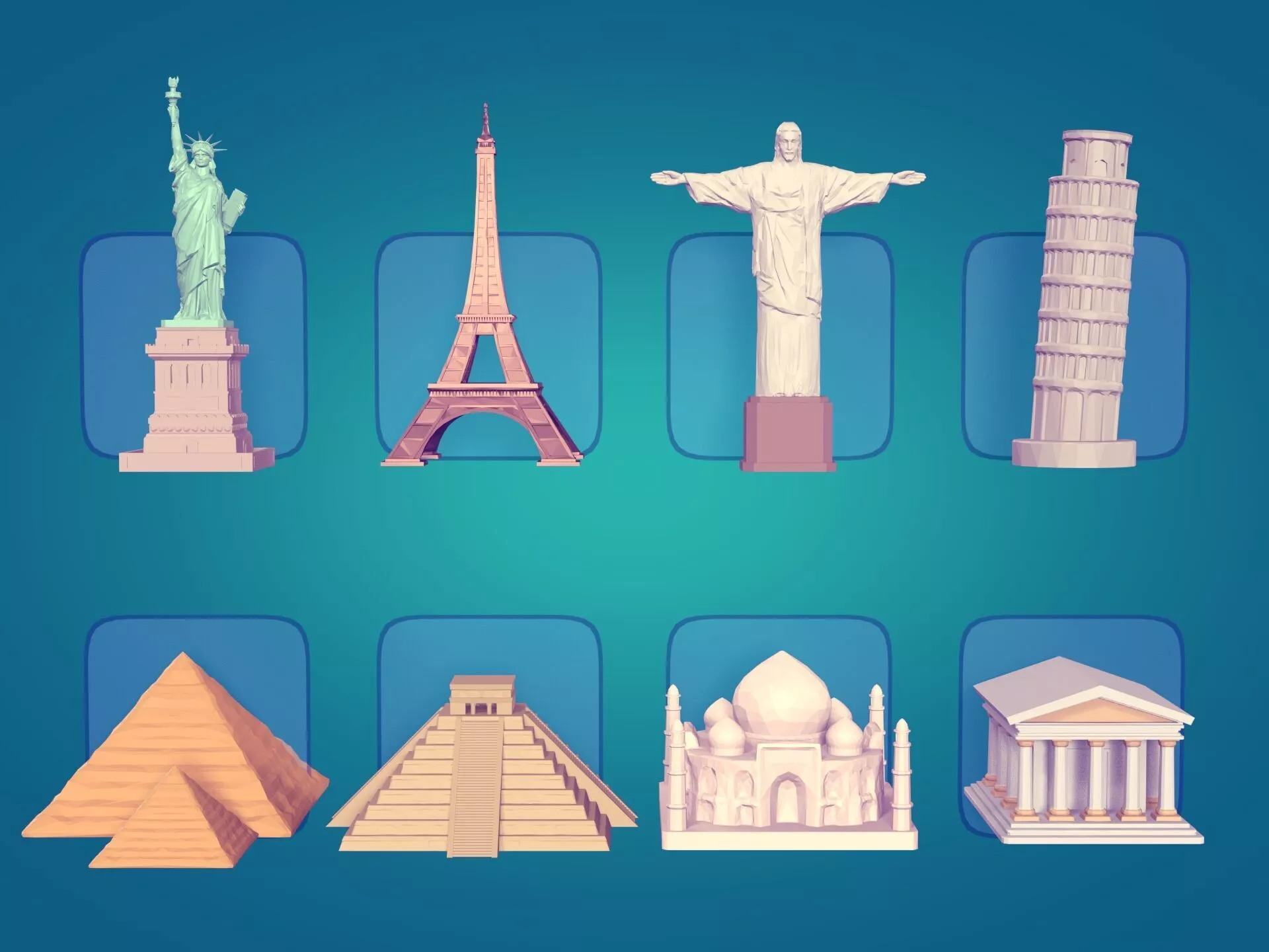 Greek Temple Eiffel Tower liberty Christ Taj Mahal Pyramids Pisa Low-poly 3D model