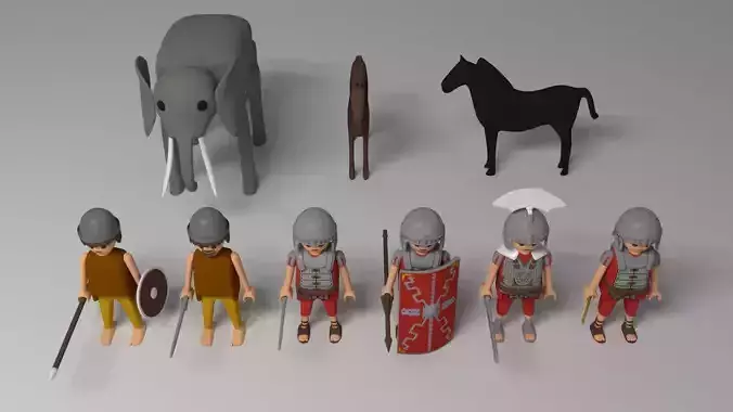 Warriors-Elephant-Horses set of four metal plates Low-poly 3D model