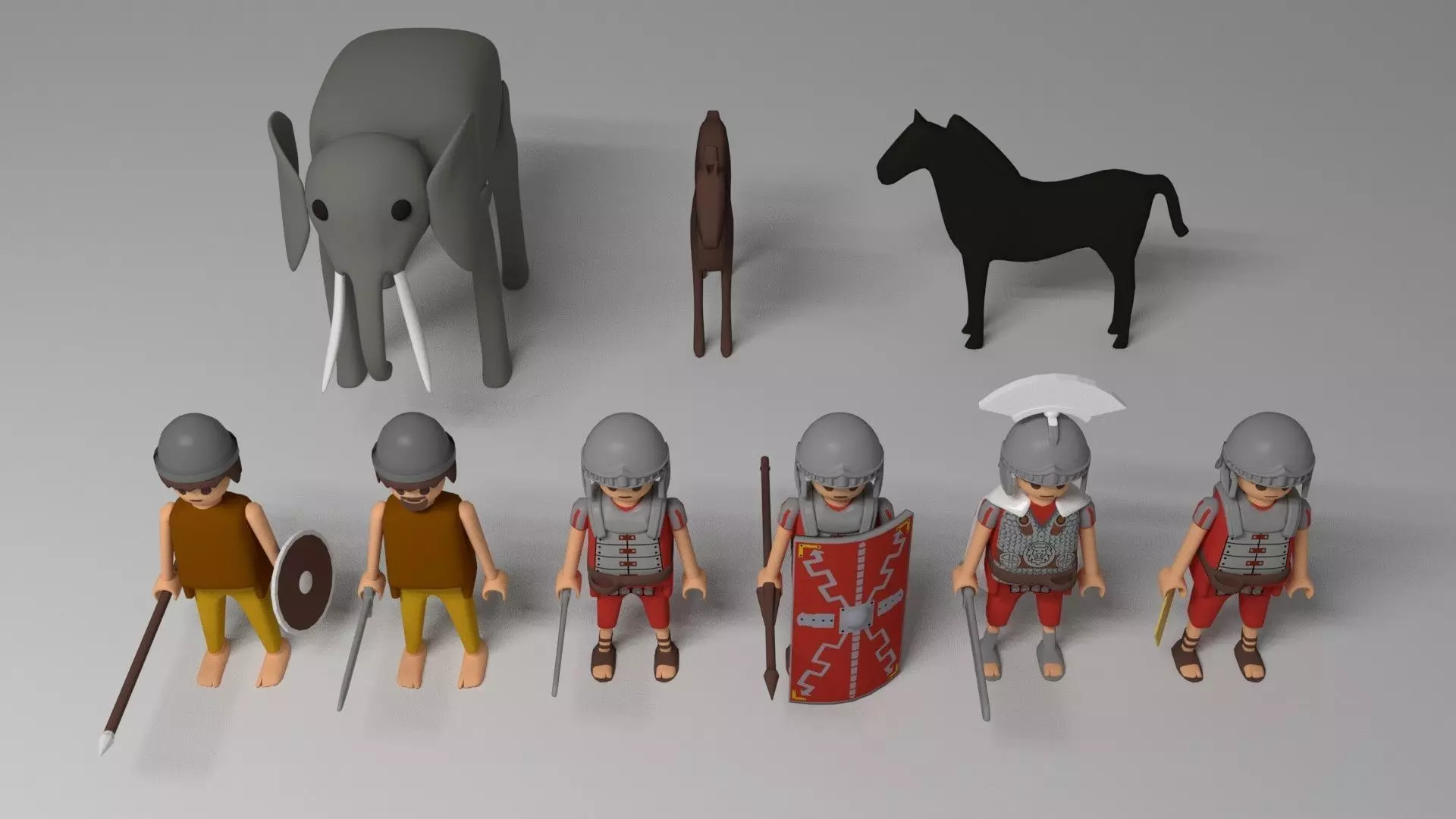 Warriors-Elephant-Horses set of four metal plates Low-poly 3D model