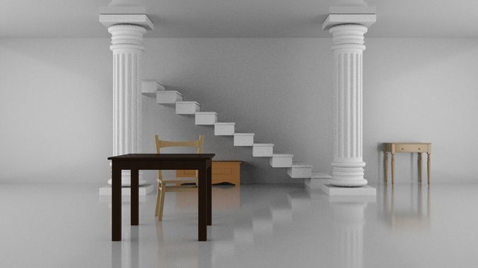 Scene 2 empty room with stairs and pillars Low-poly 3D model