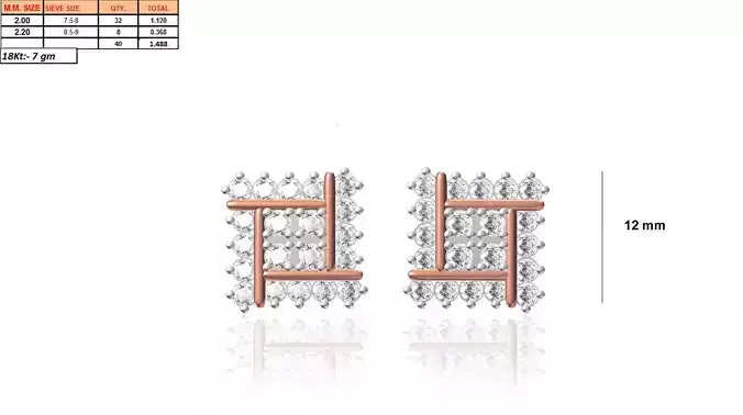 Rose Gold Square Ear Stud With Diamonds