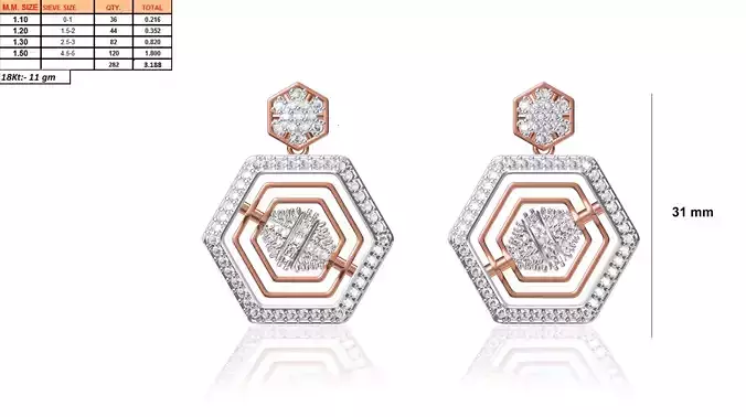 Hexagon Shaped Drop Earrings With Diamonds 3D print model