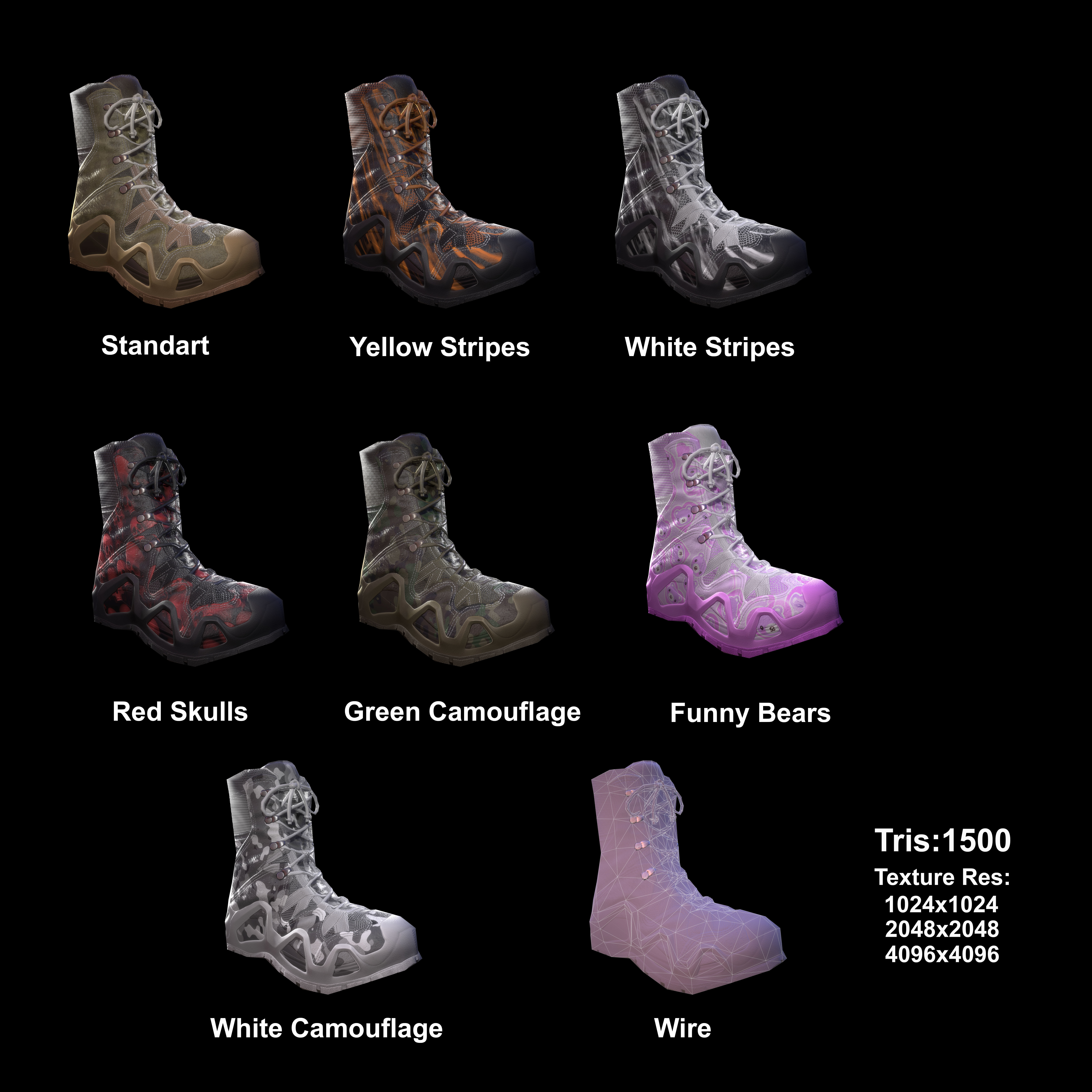 Military Boot Custom Skins Pack Low-poly 3D model_1