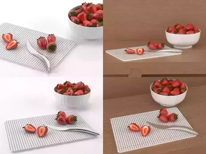 Strawberries on cutting board with knife and fork 3D model