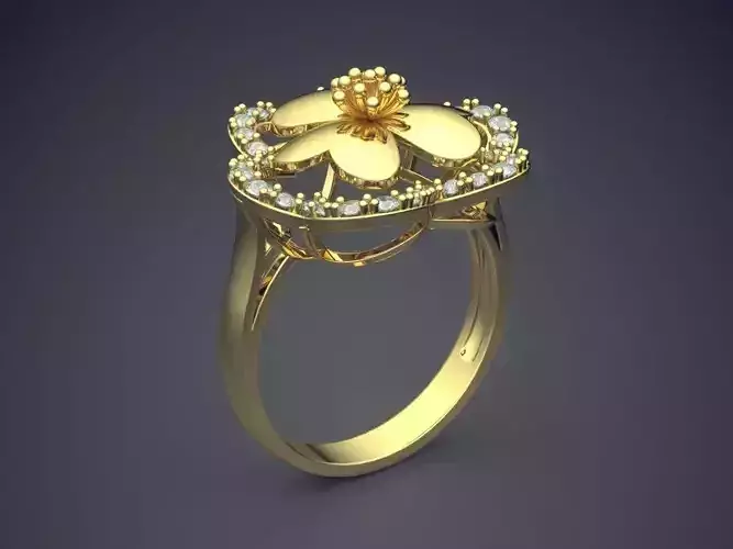 Flower-shaped Ring With Diamonds CAD-6533