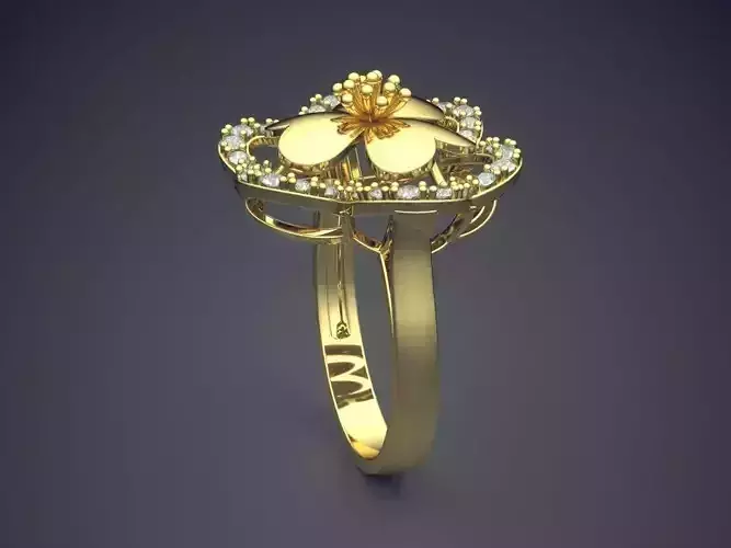 Flower-shaped Ring With Diamonds CAD-6533