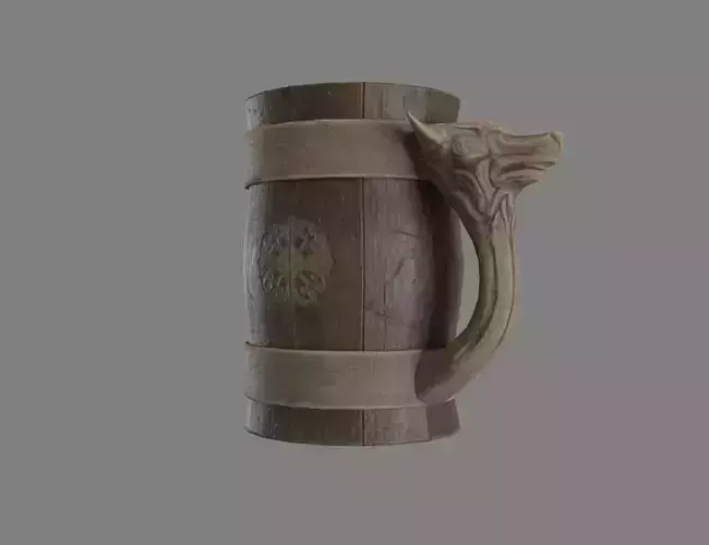Wooden Historic Tankard with Wolf Low-poly 3D model